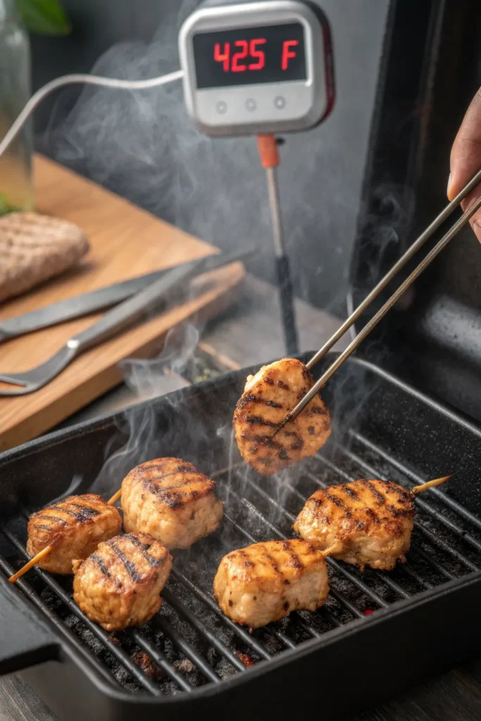 Chicken bites cooking on a hot grill