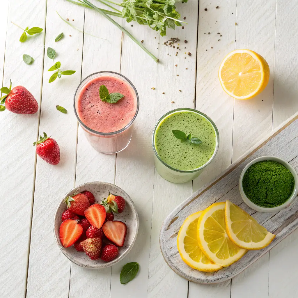 A vibrant flat lay of healthy drink recipes, including a pink strawberry smoothie, a green matcha shot, and lemon water on a white marble background.