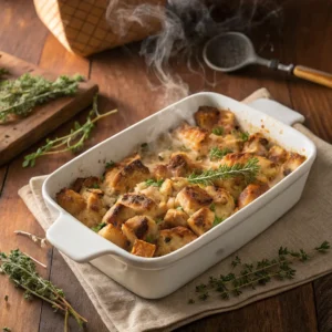 Golden-brown chicken stuffing casserole in white baking dish with steam rising
