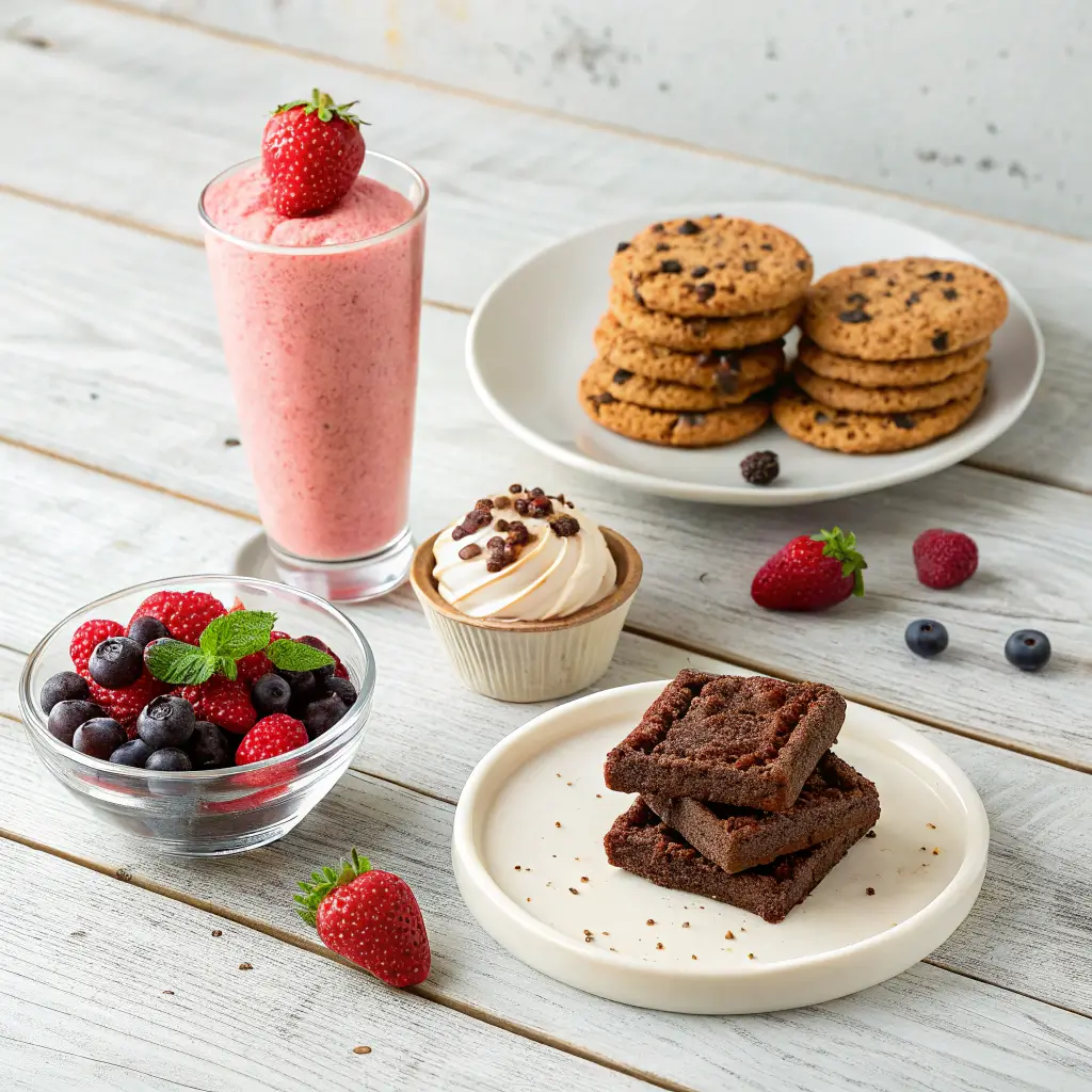 A beautiful flat lay of four different high-protein dessert recipes, including a shake, cookies, brownies, and mousse.