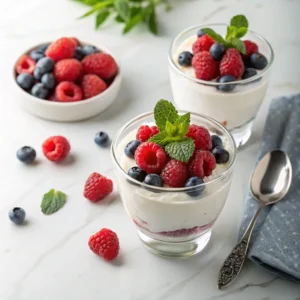 Two elegant glass cups filled with high-protein Greek yogurt mousse, topped with fresh raspberries and blueberries.