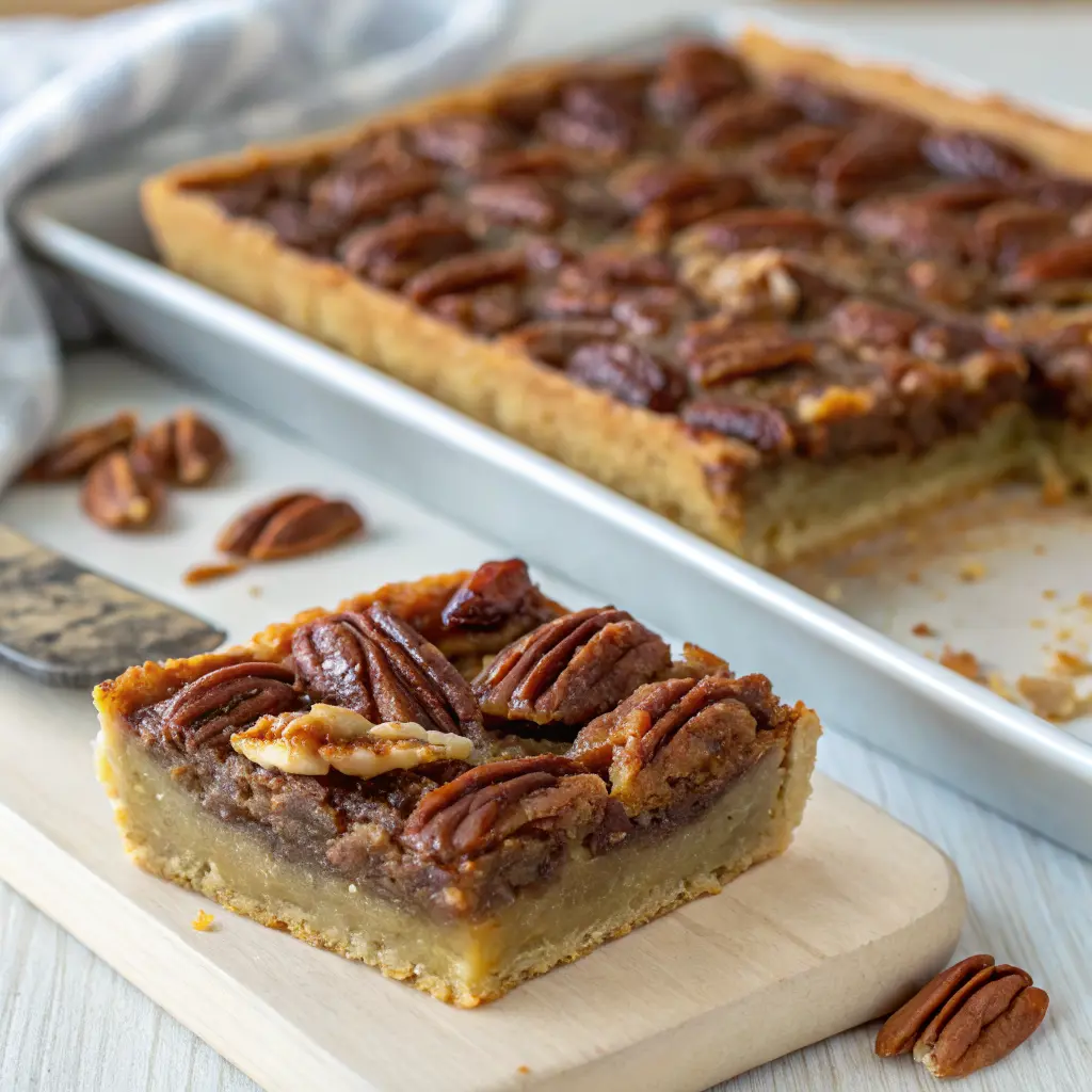 Close-up detail of a single pecan pie bar showing the distinct shortbread crust and gooey pecan filling layers