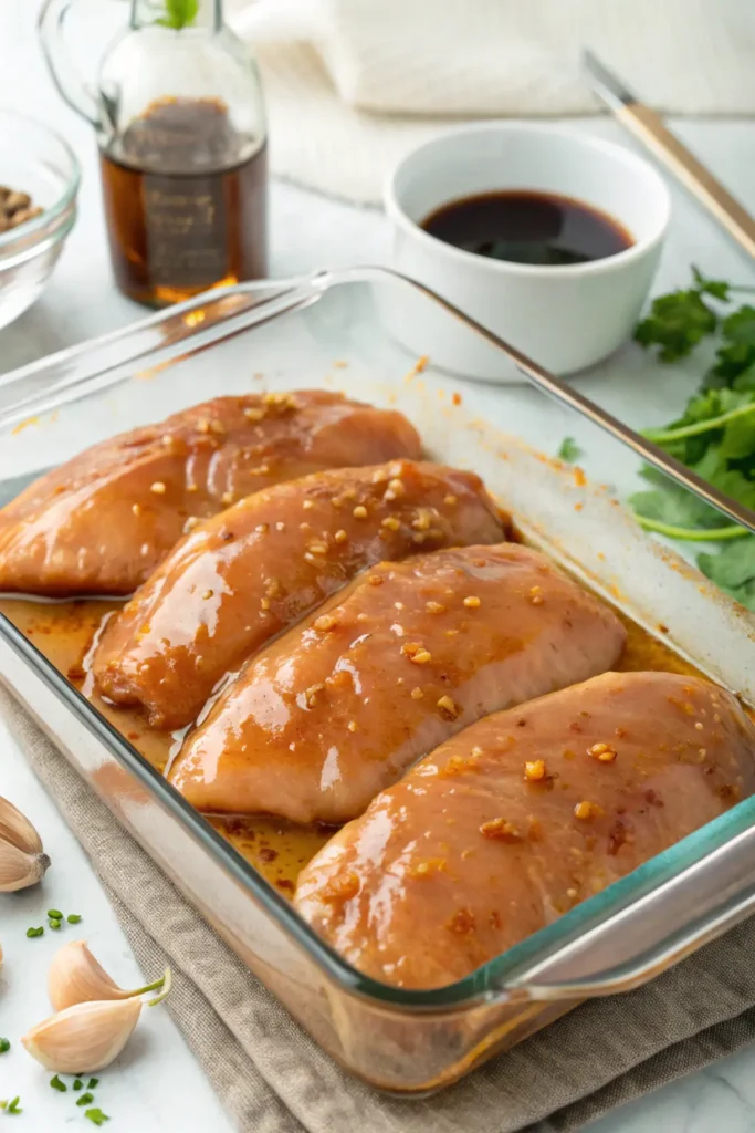 Raw chicken breasts coated in Asian marinade arranged in a glass baking dish, ready for the oven
