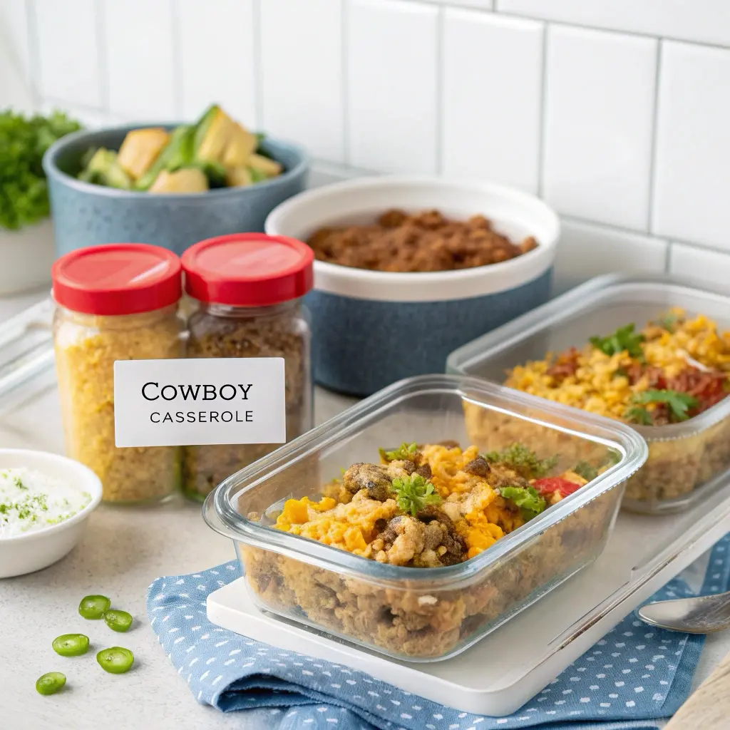 Individual portions of cowboy casserole in glass meal prep containers ready for freezing