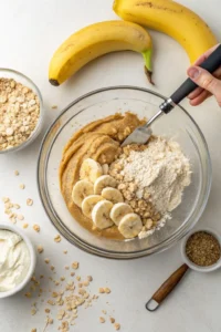Combining mashed bananas, rolled oats, and protein powder in a large glass bowl.