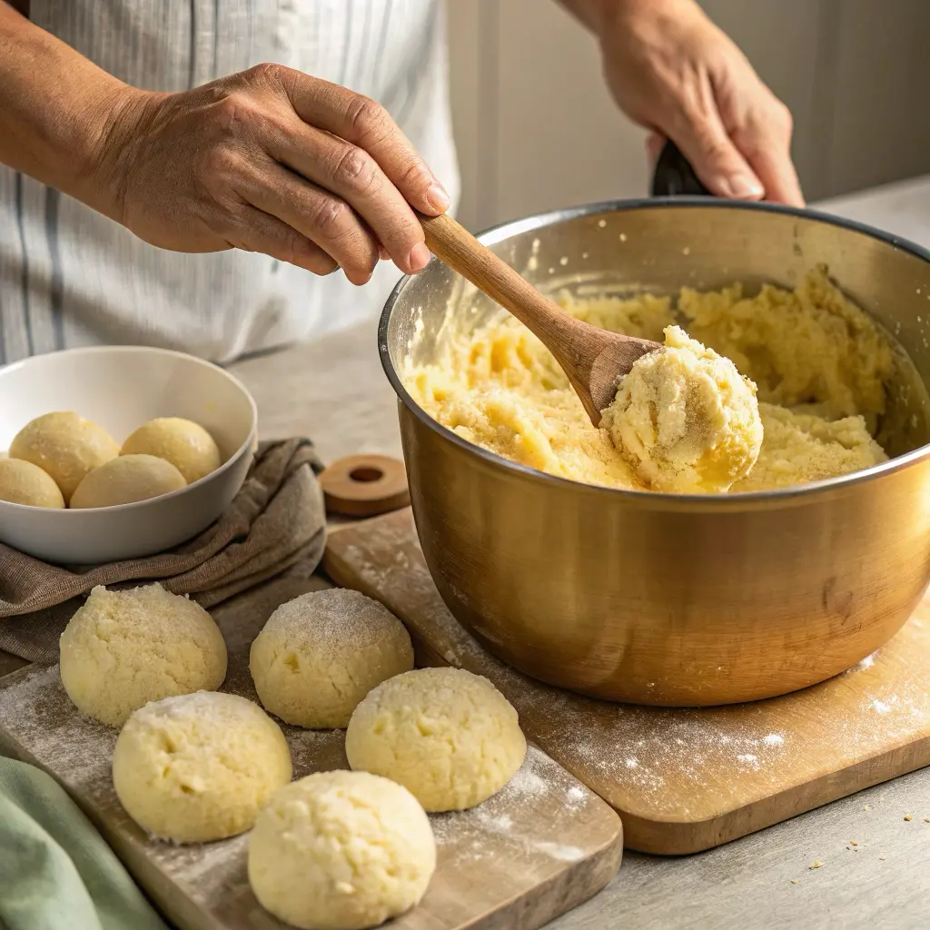 Hands mixing lumpy Brazilian cheese bread dough in saucepan showing normal texture during preparation