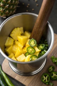 Muddling fresh pineapple chunks and jalapeño slices in a cocktail shaker.