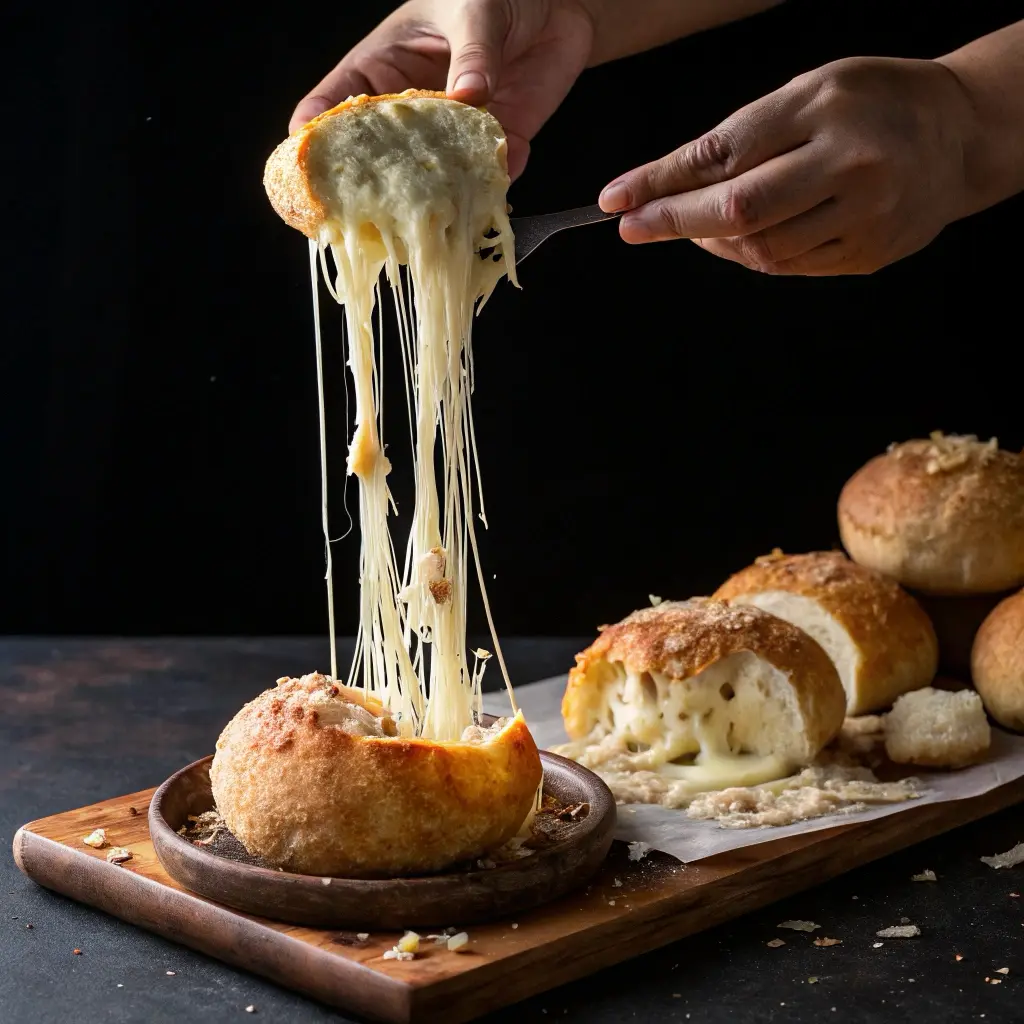 Brazilian cheese bread pulled apart showing stretchy melted cheese strings typical of authentic pao de queijo