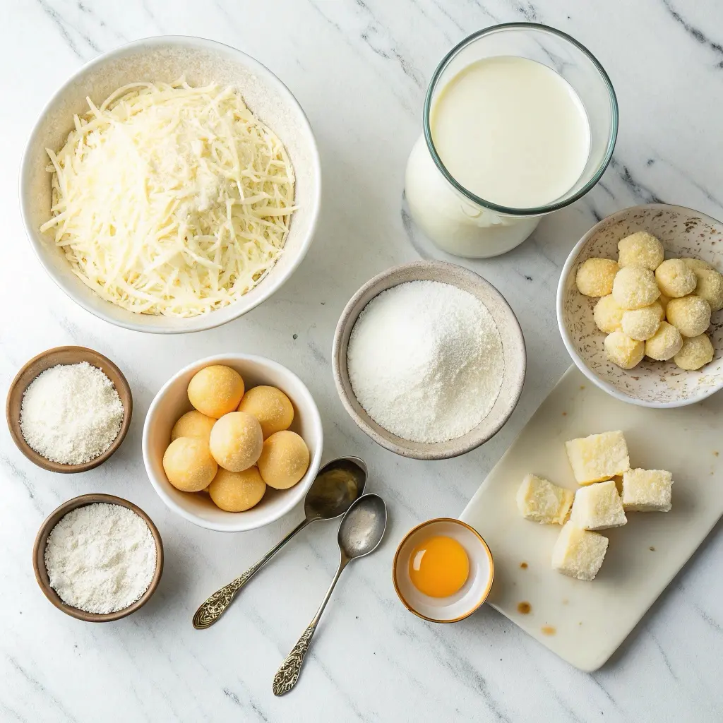 Brazilian cheese bread ingredients laid out including tapioca flour, milk, oil, egg, parmesan and mozzarella cheese