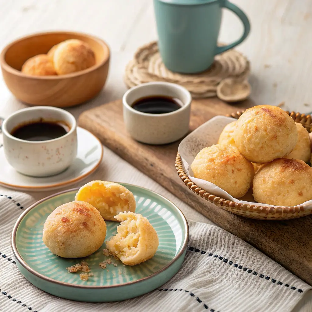 Brazilian cheese bread served on plates with coffee cups showing traditional Brazilian snack pairing