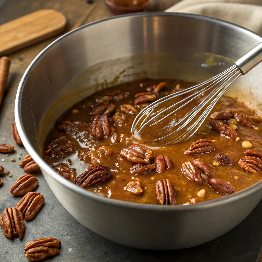Smooth pecan pie filling in a mixing bowl with chopped toasted pecans mixed in, showing the rich amber color and proper consistency