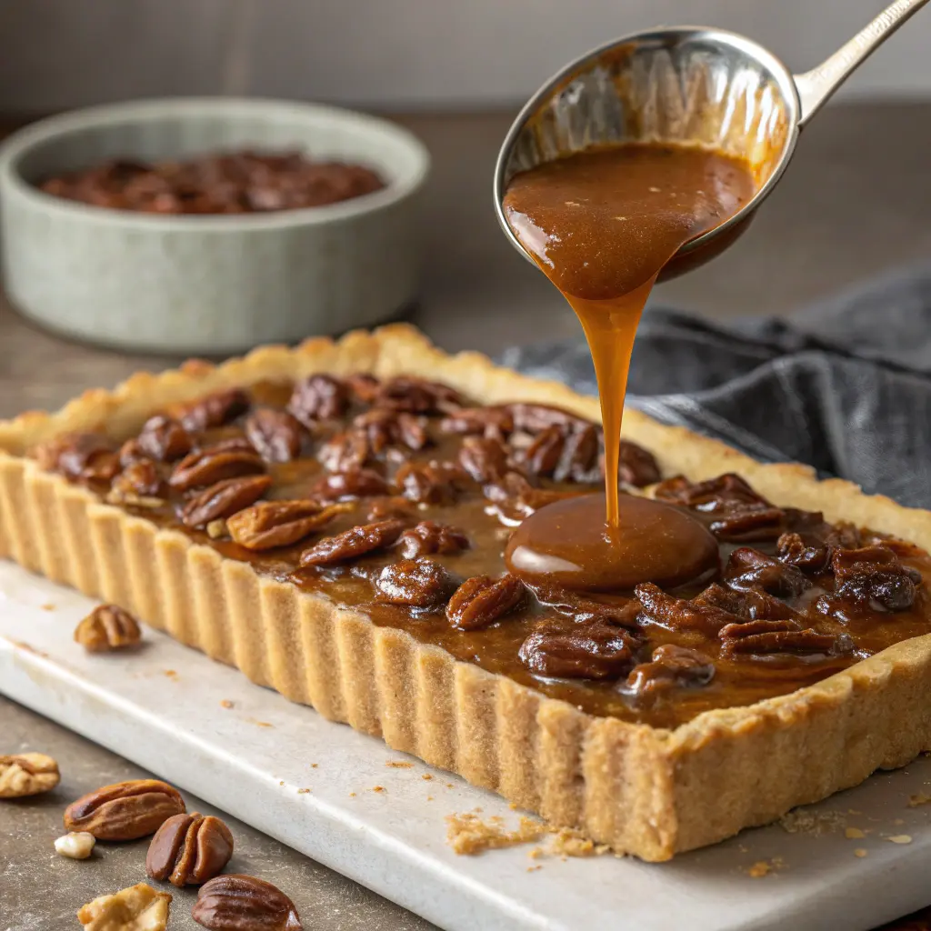 Pecan pie filling being poured over the baked shortbread crust, showing the smooth consistency and even distribution
