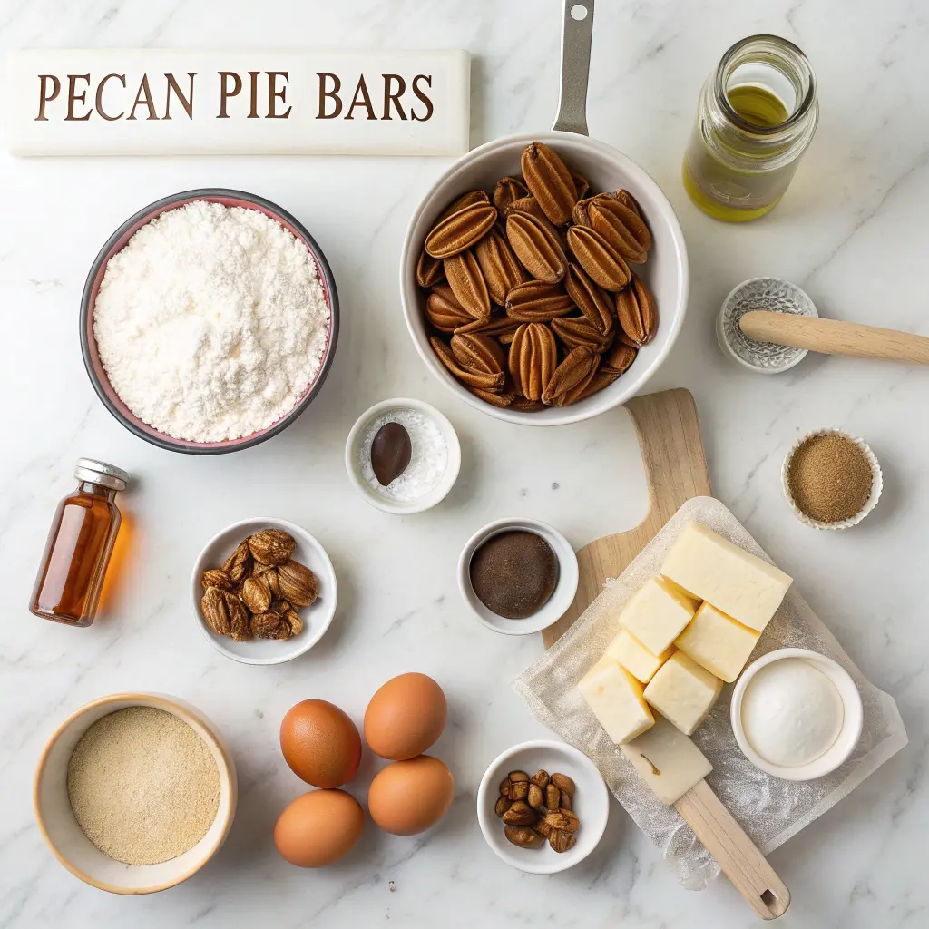 All ingredients for gooey pecan pie bars laid out and organized on a marble countertop including pecans, butter, flour, eggs, and corn syrup