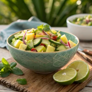 A vibrant and refreshing pineapple cucumber salad served in a white bowl on a wooden table, with lime and mint garnishes.