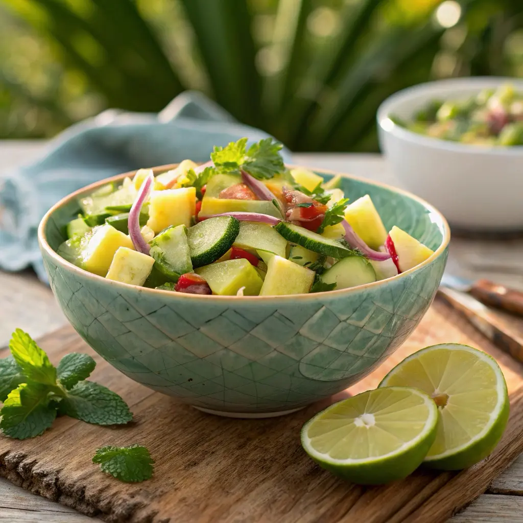 A vibrant and refreshing pineapple cucumber salad served in a white bowl on a wooden table, with lime and mint garnishes.
