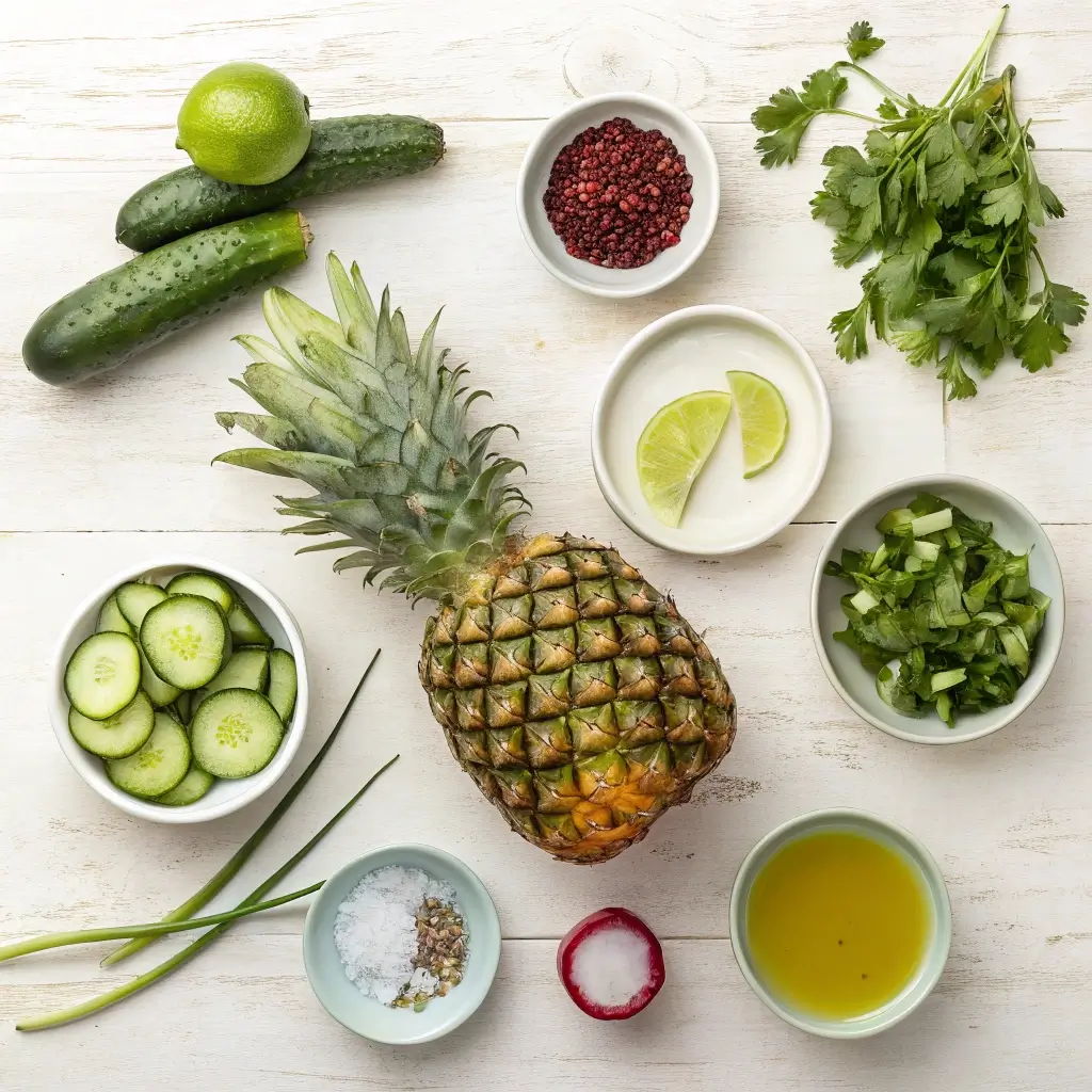 A flat lay of fresh ingredients for pineapple cucumber salad: pineapple, cucumbers, red onion, cilantro, mint, limes, honey, olive oil, salt, and pepper.