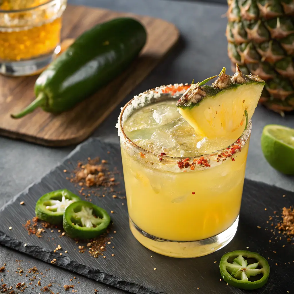 Pineapple Jalapeño Margarita cocktail in rocks glass with Tajín rim and fresh garnishes on dark slate surface