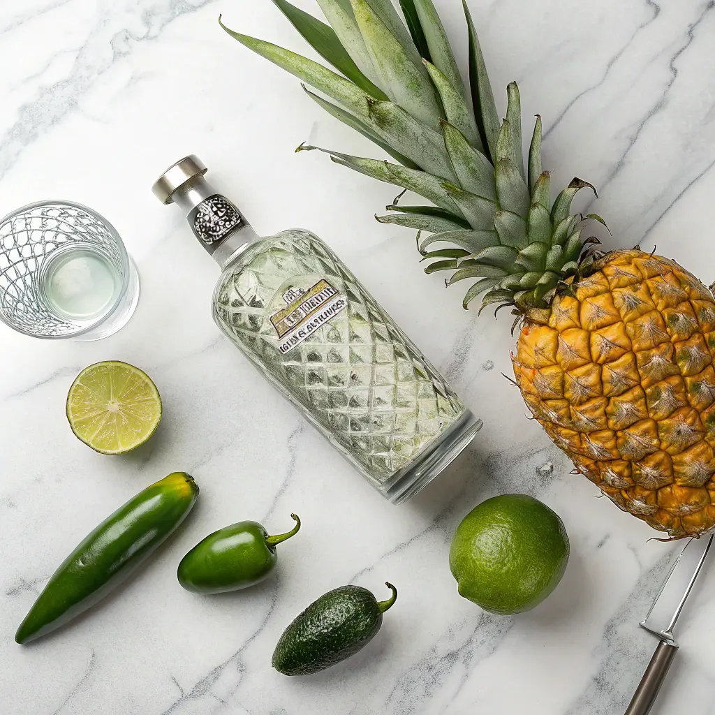 All ingredients for Pineapple Jalapeño Margarita arranged on marble surface including tequila, pineapple, jalapeños, limes, and Tajín