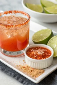 Rimming a rocks glass with Tajín seasoning for a pineapple jalapeno margarita.