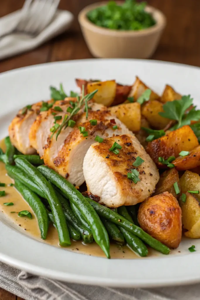 Plated serving of chicken potatoes and green beans