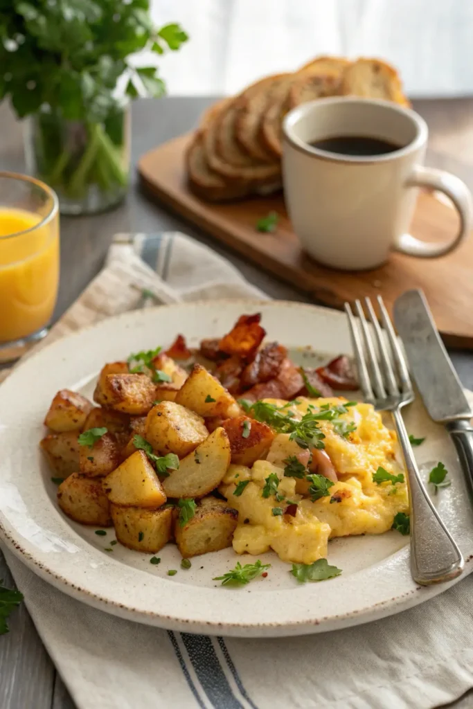 Plated Potatoes O'Brien served with scrambled eggs and bacon on white ceramic plate for complete breakfast