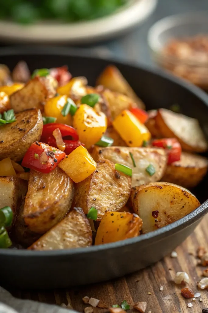 Close-up detail shot showing crispy golden texture and colorful vegetables in homemade Potatoes O'Brien