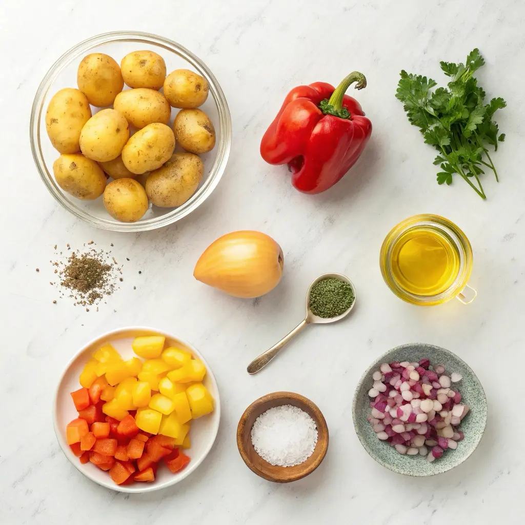 Fresh ingredients for Potatoes O'Brien recipe including diced potatoes, bell peppers, onions, and seasonings arranged on marble surface