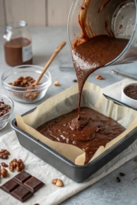 Pouring the finished chocolate protein brownie batter into a prepared dark baking pan.