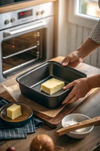 A hand greasing an 8x8 inch baking pan in a home kitchen, preparing to bake chocolate protein brownies.