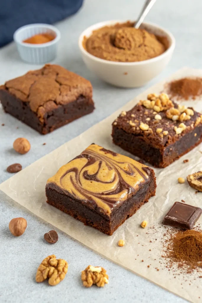 Different variations of chocolate protein brownies, including peanut butter swirl and nutty crunch.