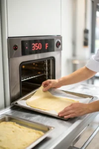 Hands lining a baking sheet with parchment paper, with an oven preheating to 350°F in the background