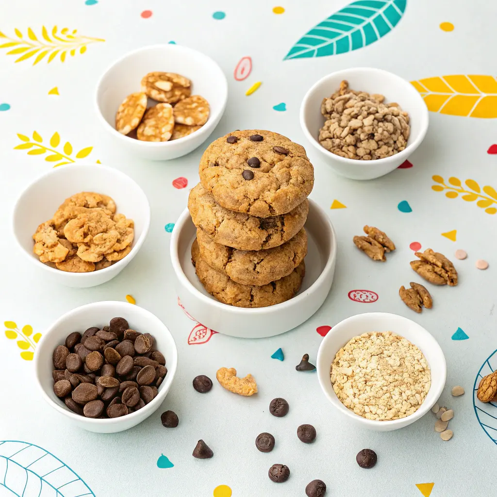 A stack of banana oat protein cookies surrounded by small bowls of various add-ins like nuts, chocolate chips, and seeds.