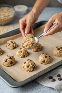 Dropping rounded tablespoons of banana oat protein cookie dough onto a baking sheet.