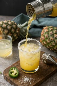 Straining a golden pineapple jalapeno margarita into a prepared, ice-filled glass.