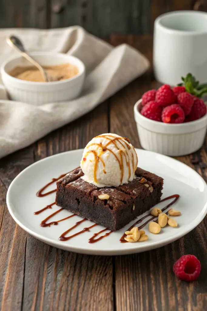 A warm chocolate protein brownie served à la mode with a scoop of ice cream and a peanut butter drizzle.