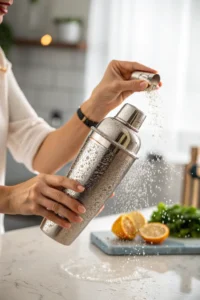 Hands shaking a frosty stainless steel cocktail shaker to chill a pineapple jalapeno margarita.