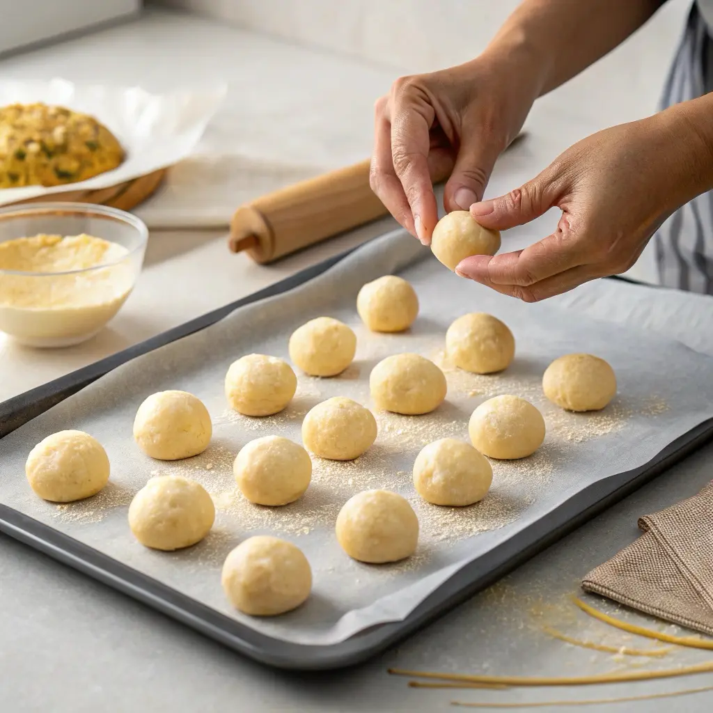 Hands shaping Brazilian cheese bread dough into uniform balls on parchment-lined baking sheet