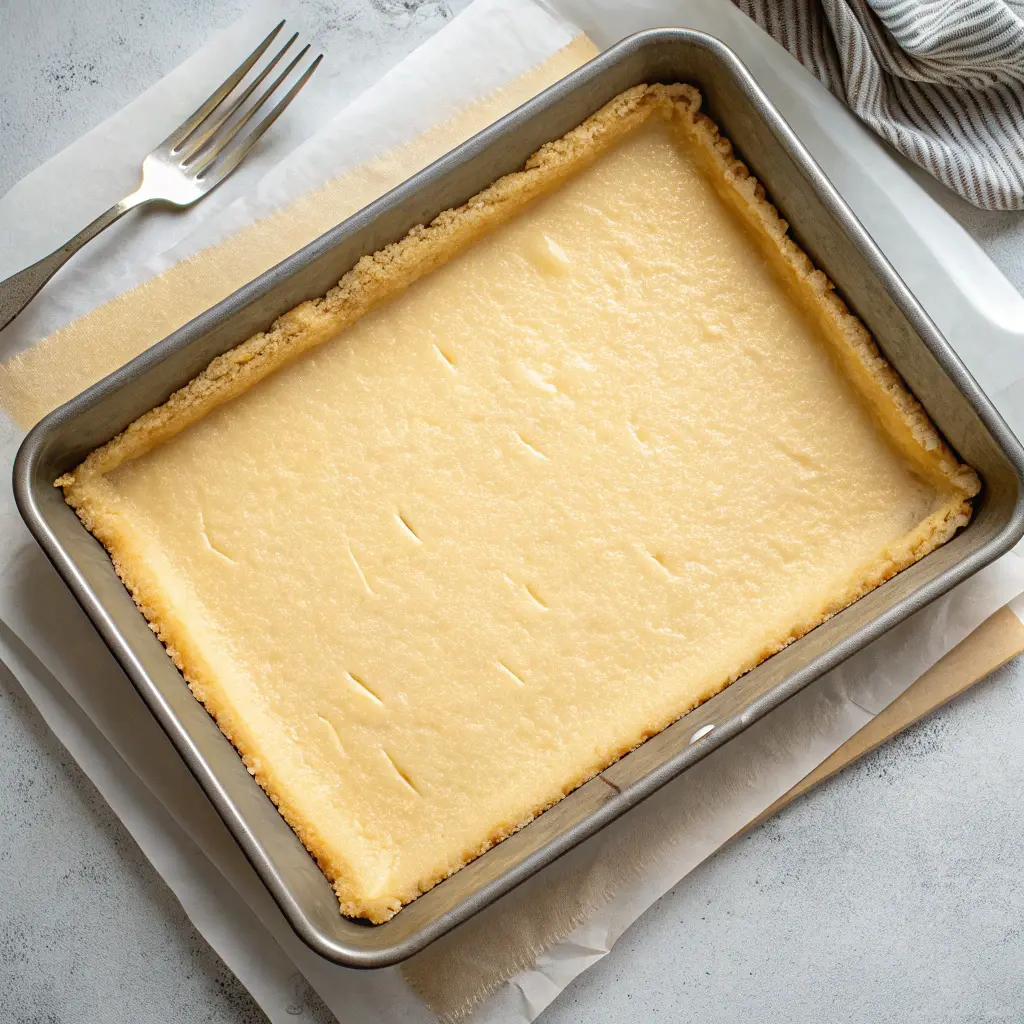 Unbaked shortbread crust mixture pressed evenly into a parchment-lined baking pan, ready for the oven
