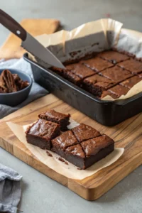 A sharp knife slicing the cooled slab of protein brownies into neat squares.
