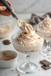 A hand using a spatula to spoon the finished Greek yogurt mousse into a dessert glass.