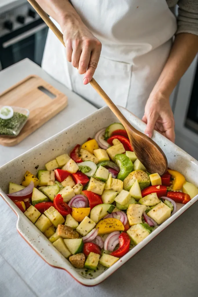 Seasoned vegetables spread evenly in single layer in baking dish before cooking Potatoes O'Brien
