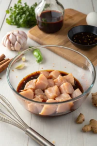 Chicken cubes in a bowl coated with homemade teriyaki marinade