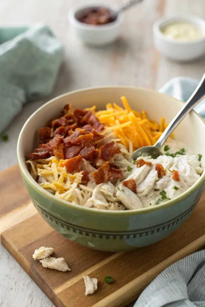 Bowl of shredded chicken mixed with ranch and bacon