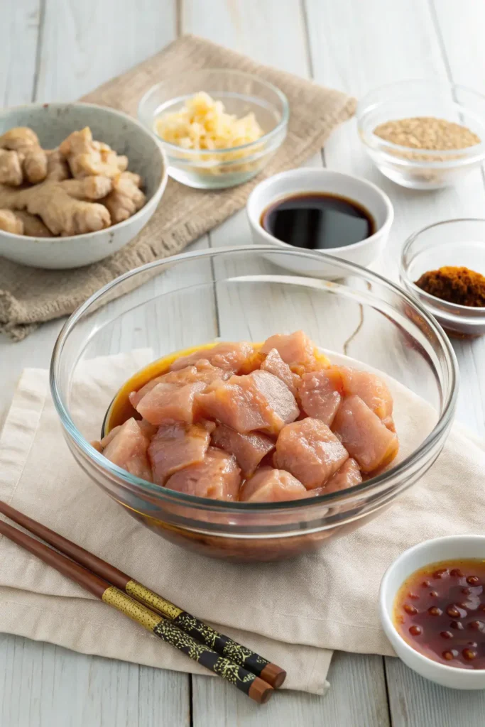 Raw chicken cubes marinating in soy-ginger teriyaki sauce