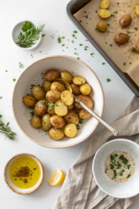 Tossing baby potatoes with seasoning before roasting