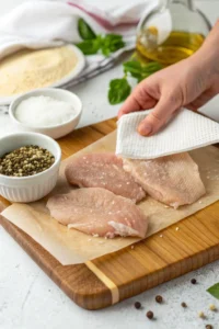 Patting chicken cutlets dry and seasoning with salt, pepper, and Italian herbs