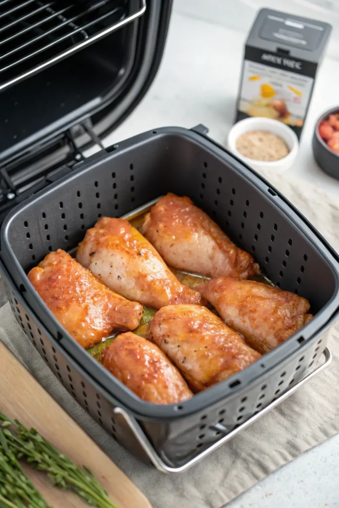 Chicken pieces arranged in air fryer basket before cooking