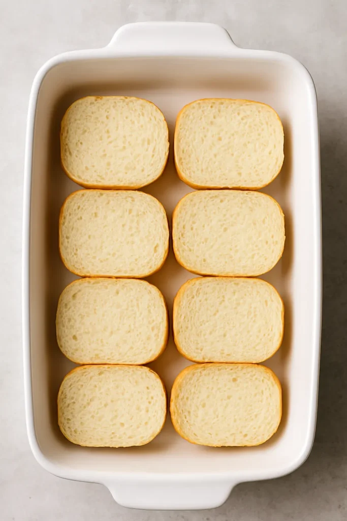 Close-up of cut-side up slider buns placed in baking dish