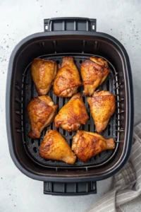 Marinated chicken arranged evenly in an air fryer basket