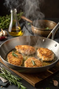 Chicken cutlets searing in a skillet with golden crust forming